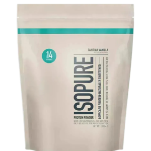 Bolsa de Isopure Protein Powder, suplemento de proteína de suero aislada baja en carbohidratos, sabor Tahitian Vanilla.