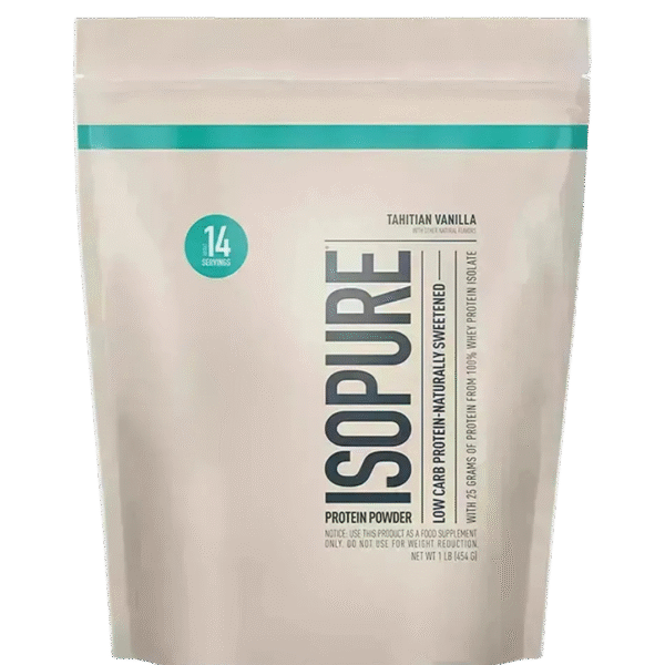 Bolsa de Isopure Protein Powder, suplemento de proteína de suero aislada baja en carbohidratos, sabor Tahitian Vanilla.