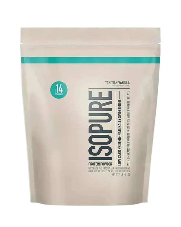 Bolsa de Isopure Protein Powder, suplemento de proteína de suero aislada baja en carbohidratos, sabor Tahitian Vanilla.