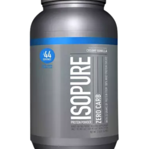 Envase de Isopure Zero Carb Protein Powder, suplemento de proteína aislada de suero sin carbohidratos, sabor creamy vanilla.