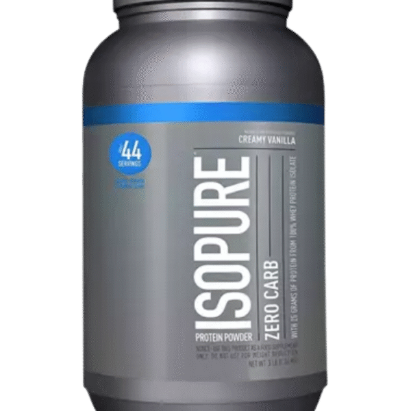 Envase de Isopure Zero Carb Protein Powder, suplemento de proteína aislada de suero sin carbohidratos, sabor creamy vanilla.