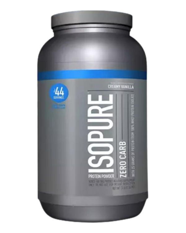 Envase de Isopure Zero Carb Protein Powder, suplemento de proteína aislada de suero sin carbohidratos, sabor creamy vanilla.
