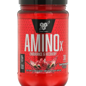 Envase de BSN Amino X, suplemento de aminoácidos BCAA en polvo con 10 g por porción, sin azúcar, sabor watermelon.