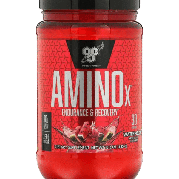 Envase de BSN Amino X, suplemento de aminoácidos BCAA en polvo con 10 g por porción, sin azúcar, sabor watermelon.