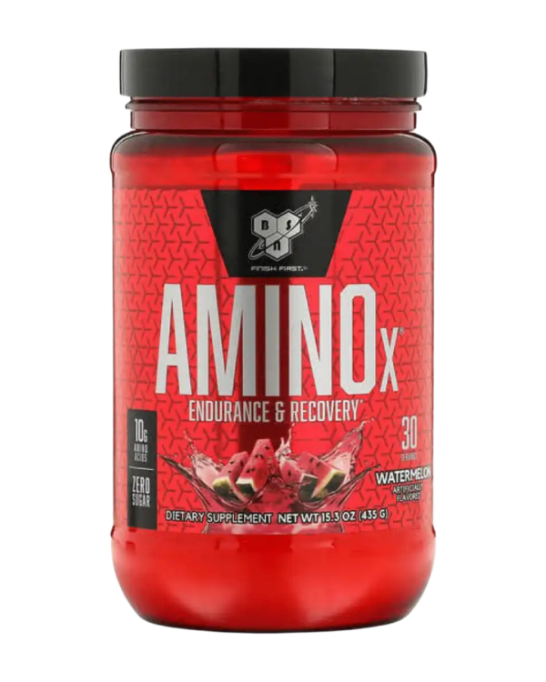 Envase de BSN Amino X, suplemento de aminoácidos BCAA en polvo con 10 g por porción, sin azúcar, sabor watermelon.