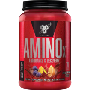Envase de BSN Amino X con 70 porciones, suplemento de BCAA con 10 g por porción, sin azúcar, sabor fruit punch.