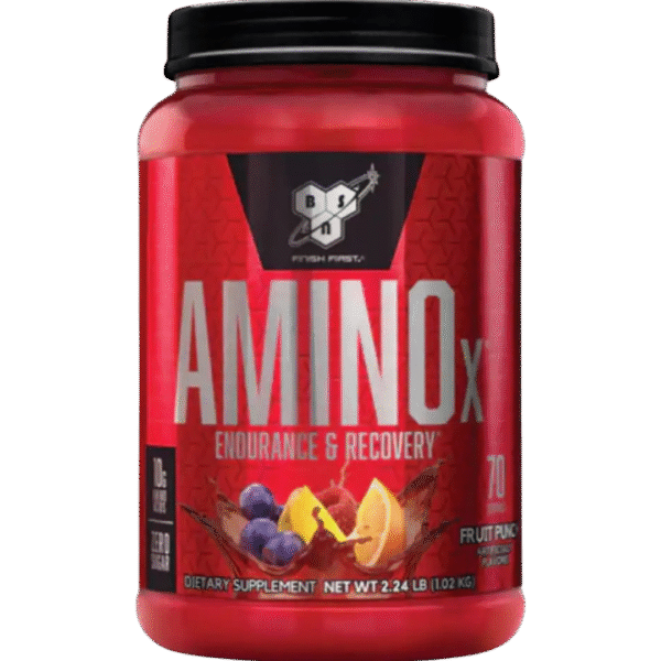 Envase de BSN Amino X con 70 porciones, suplemento de BCAA con 10 g por porción, sin azúcar, sabor fruit punch.