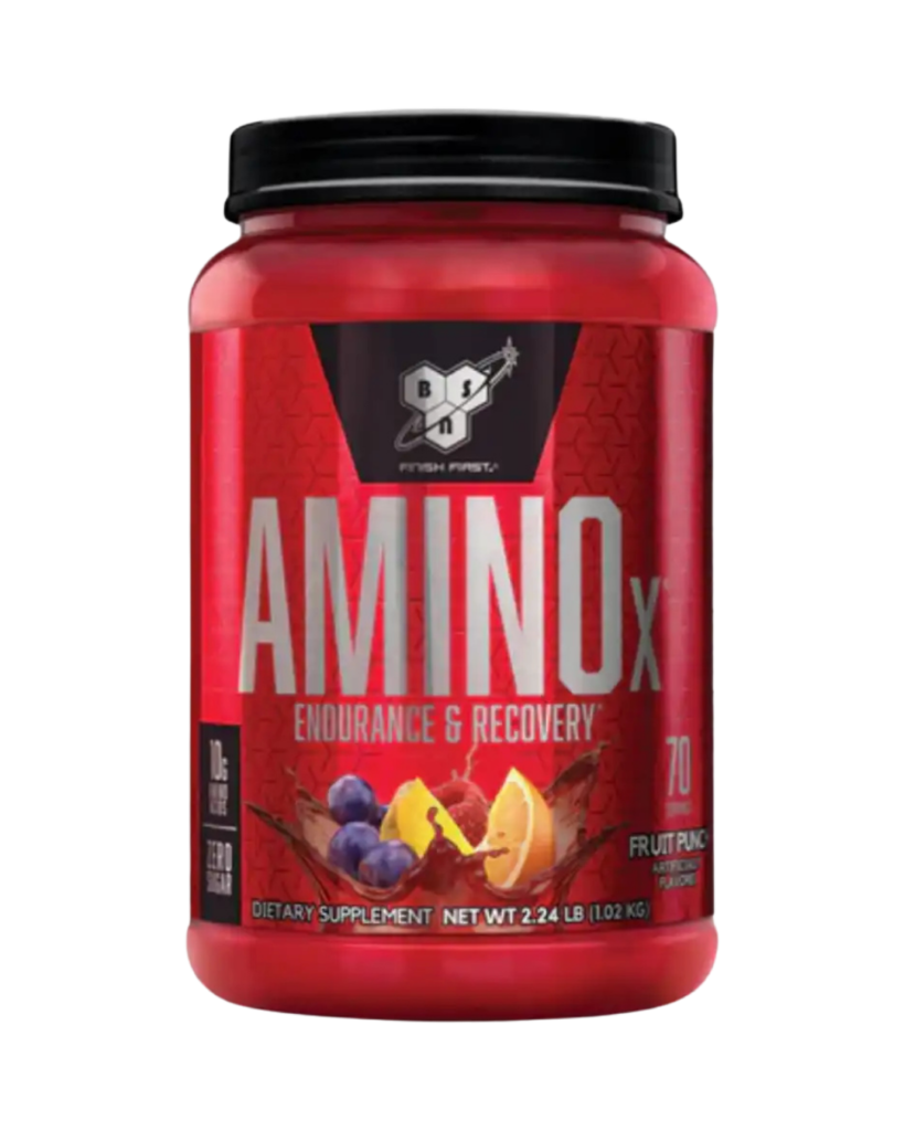 Envase de BSN Amino X con 70 porciones, suplemento de BCAA con 10 g por porción, sin azúcar, sabor fruit punch.
