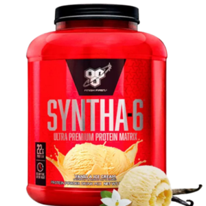 Envase de BSN Syntha-6, suplemento de proteína con 22 g de proteína por porción y mezcla de proteínas de liberación prolongada, sabor vanilla ice cream.
