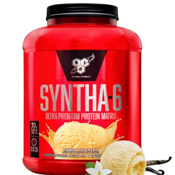 Envase de BSN Syntha-6, suplemento de proteína con 22 g de proteína por porción y mezcla de proteínas de liberación prolongada, sabor vanilla ice cream.