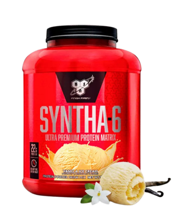 Envase de BSN Syntha-6, suplemento de proteína con 22 g de proteína por porción y mezcla de proteínas de liberación prolongada, sabor vanilla ice cream.