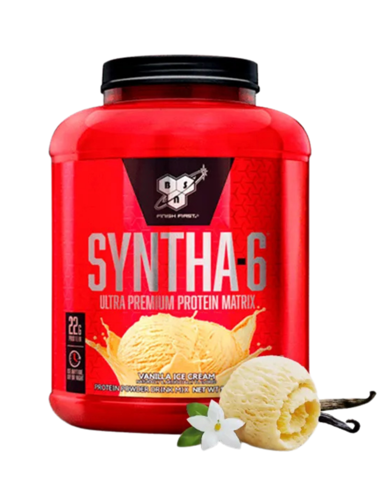 Envase de BSN Syntha-6, suplemento de proteína con 22 g de proteína por porción y mezcla de proteínas de liberación prolongada, sabor vanilla ice cream.