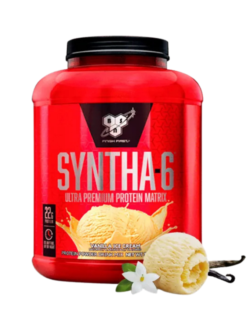 Envase de BSN Syntha-6, suplemento de proteína con 22 g de proteína por porción y mezcla de proteínas de liberación prolongada, sabor vanilla ice cream.