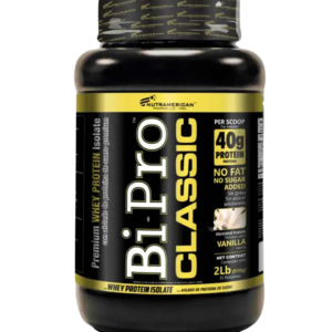 Envase de BiPro Classic de Nutramerican Pharma, proteína aislada de suero con 40 g de proteína por porción, sin grasa ni azúcar, sabor vainilla.