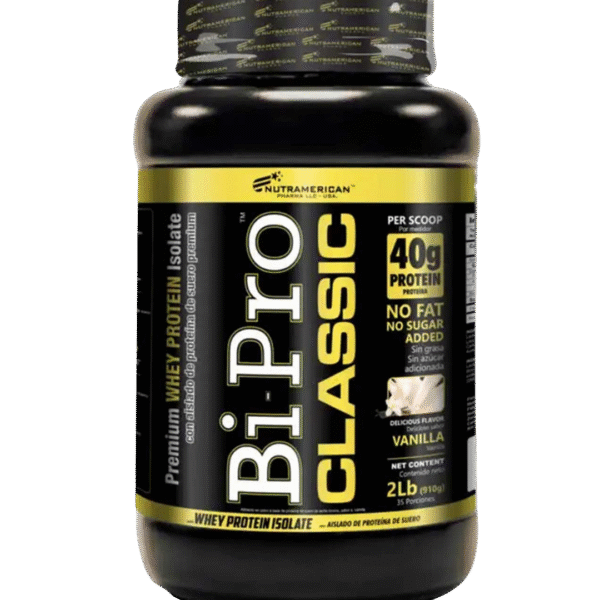 Envase de BiPro Classic de Nutramerican Pharma, proteína aislada de suero con 40 g de proteína por porción, sin grasa ni azúcar, sabor vainilla.