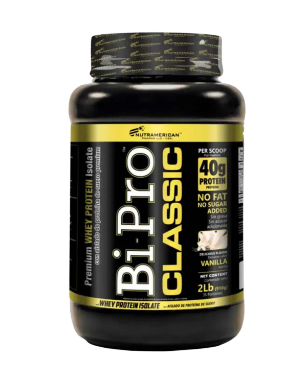 Envase de BiPro Classic de Nutramerican Pharma, proteína aislada de suero con 40 g de proteína por porción, sin grasa ni azúcar, sabor vainilla.
