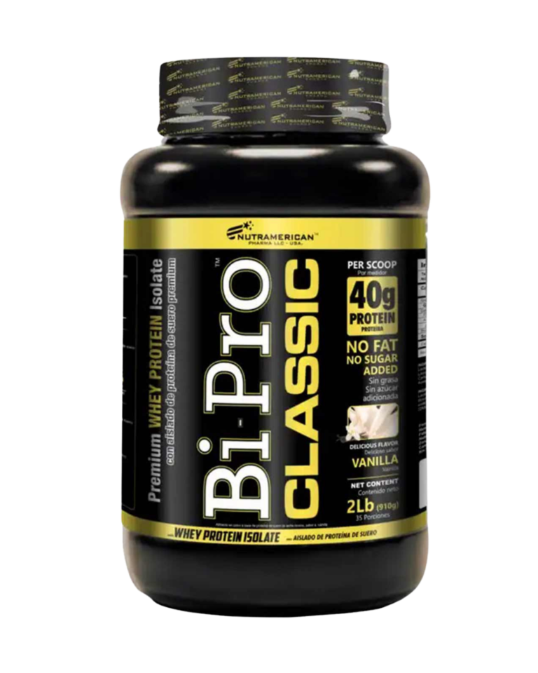 Envase de BiPro Classic de Nutramerican Pharma, proteína aislada de suero con 40 g de proteína por porción, sin grasa ni azúcar, sabor vainilla.