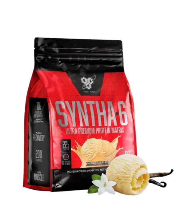 Bolsa de BSN Syntha-6, suplemento de proteína con 22 g de proteína por porción y mezcla de proteínas de liberación prolongada, sabor vanilla ice cream.