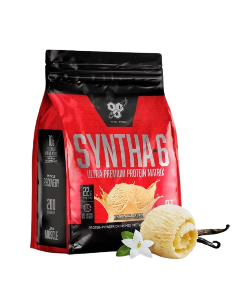 Bolsa de BSN Syntha-6, suplemento de proteína con 22 g de proteína por porción y mezcla de proteínas de liberación prolongada, sabor vanilla ice cream.