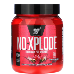 Envase de BSN NO-Xplode, suplemento pre-entrenamiento con 275 mg de cafeína por porción, sabor watermelon.