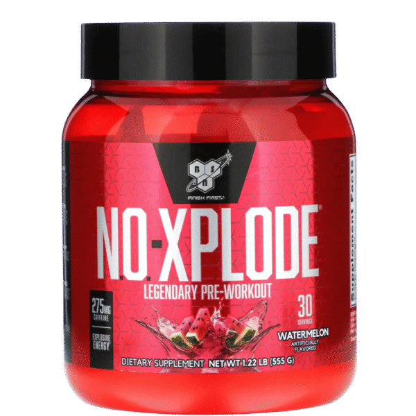Envase de BSN NO-Xplode, suplemento pre-entrenamiento con 275 mg de cafeína por porción, sabor watermelon.