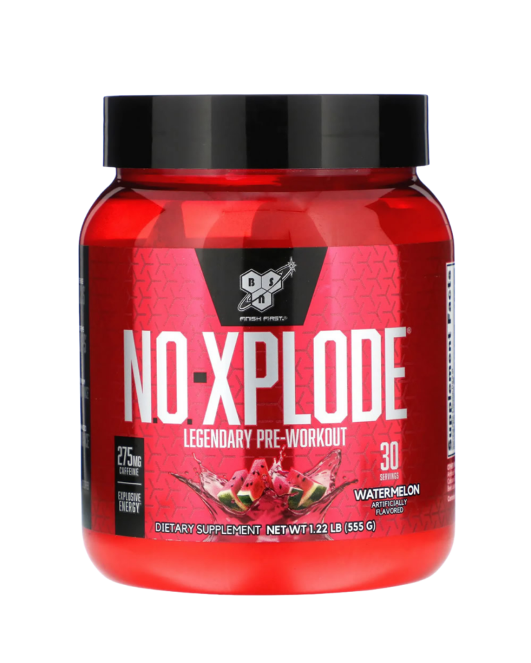 Envase de BSN NO-Xplode, suplemento pre-entrenamiento con 275 mg de cafeína por porción, sabor watermelon.