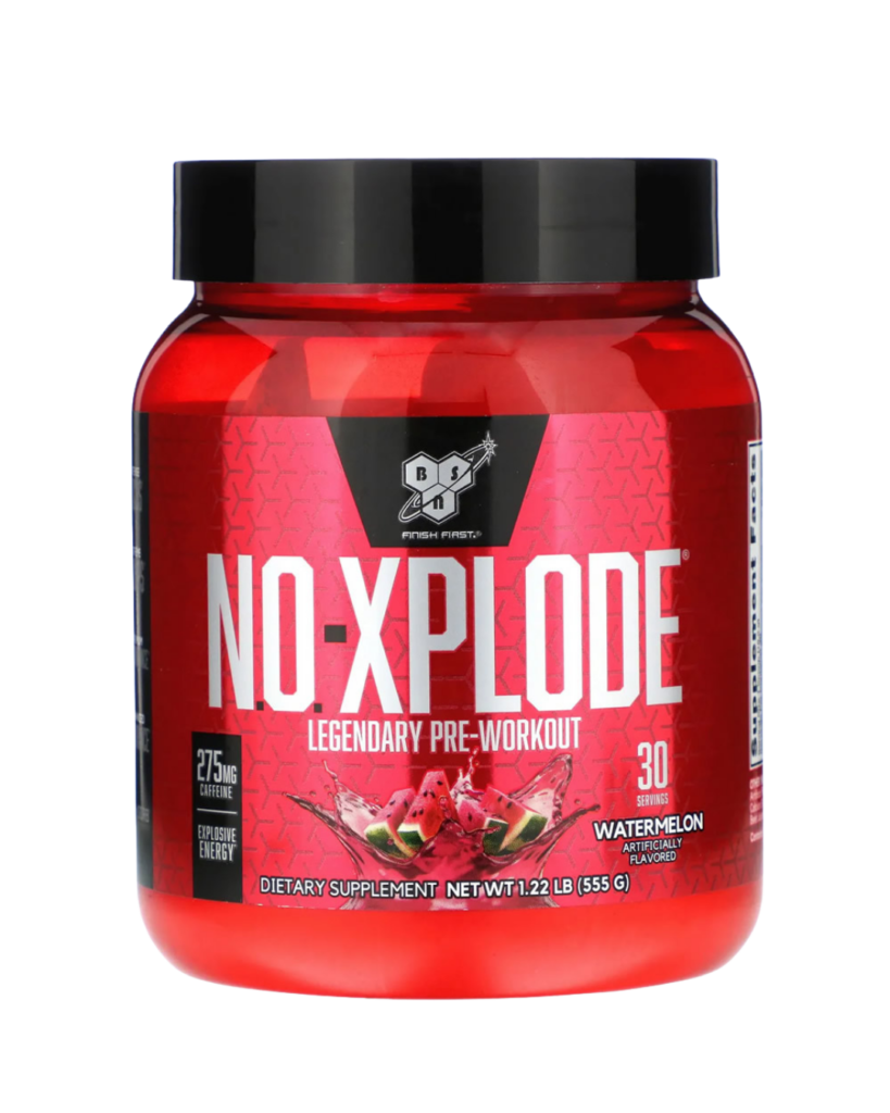 Envase de BSN NO-Xplode, suplemento pre-entrenamiento con 275 mg de cafeína por porción, sabor watermelon.