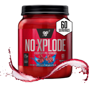Envase de BSN NO-Xplode con 60 porciones, suplemento pre-entrenamiento con 275 mg de cafeína por porción, sabor blue raz.