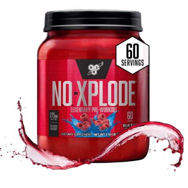Envase de BSN NO-Xplode con 60 porciones, suplemento pre-entrenamiento con 275 mg de cafeína por porción, sabor blue raz.