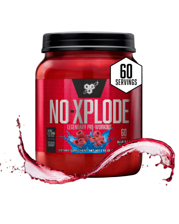 Envase de BSN NO-Xplode con 60 porciones, suplemento pre-entrenamiento con 275 mg de cafeína por porción, sabor blue raz.