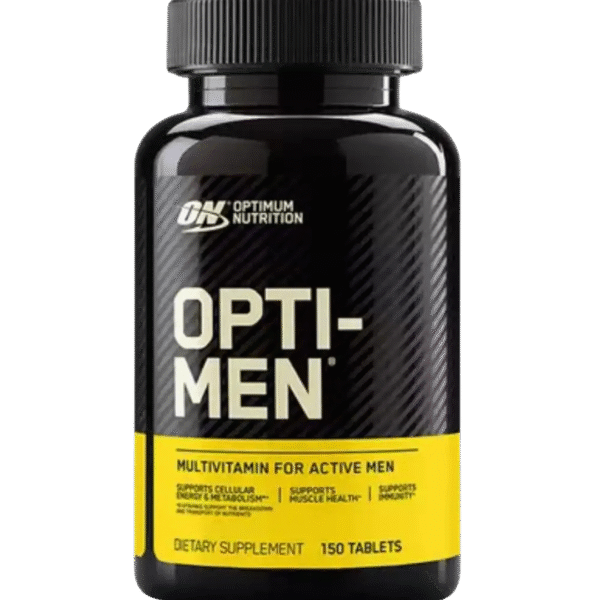 Envase de Optimum Nutrition Opti-Men con 150 tabletas, suplemento multivitamínico diseñado para apoyar la energía, el metabolismo y la salud muscular.