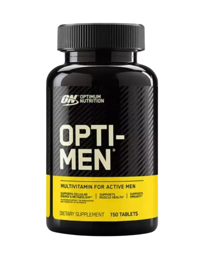 Envase de Optimum Nutrition Opti-Men con 150 tabletas, suplemento multivitamínico diseñado para apoyar la energía, el metabolismo y la salud muscular.