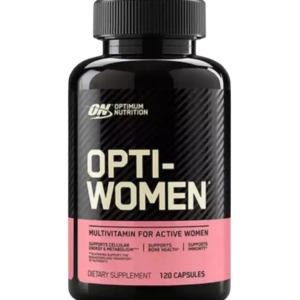 Envase de Optimum Nutrition Opti-Women con 120 cápsulas, suplemento multivitamínico para el bienestar general, la salud ósea y el metabolismo.