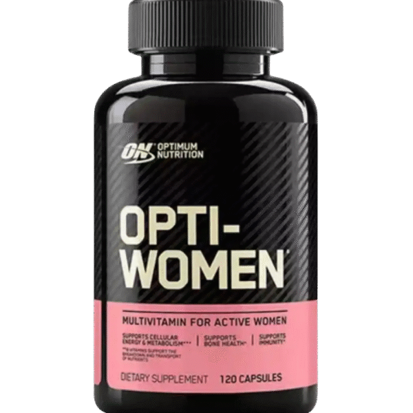 Envase de Optimum Nutrition Opti-Women con 120 cápsulas, suplemento multivitamínico para el bienestar general, la salud ósea y el metabolismo.