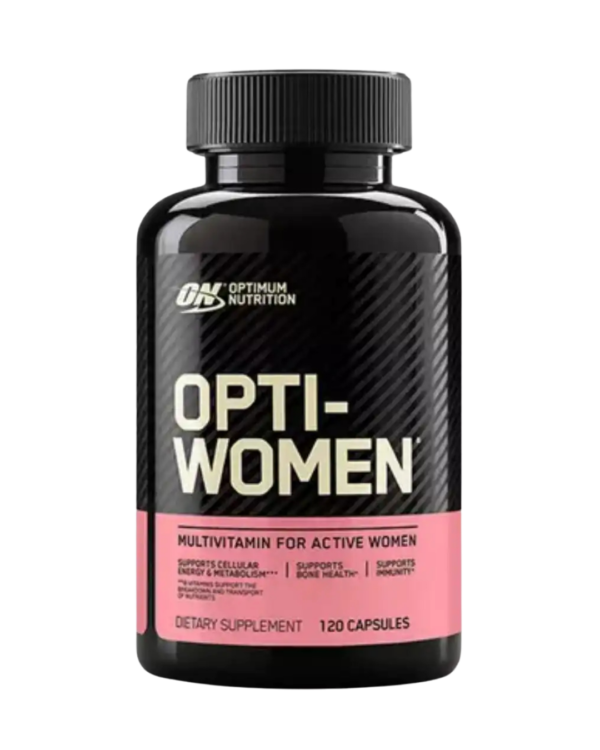 Envase de Optimum Nutrition Opti-Women con 120 cápsulas, suplemento multivitamínico para el bienestar general, la salud ósea y el metabolismo.