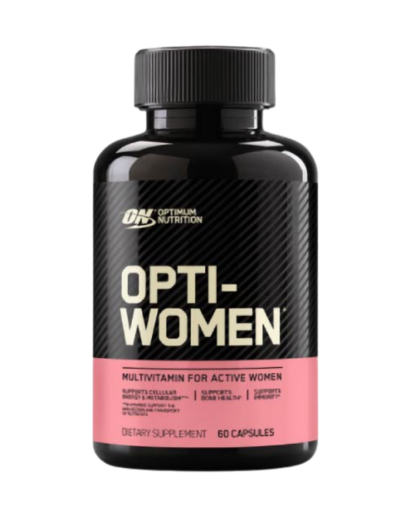 Envase de Optimum Nutrition Opti-Women con 60 cápsulas, suplemento multivitamínico con vitaminas y minerales esenciales para la energía y la salud.