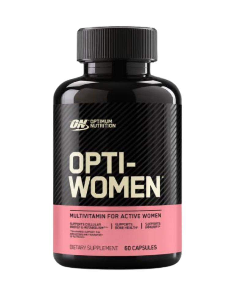 Envase de Optimum Nutrition Opti-Women con 60 cápsulas, suplemento multivitamínico con vitaminas y minerales esenciales para la energía y la salud.