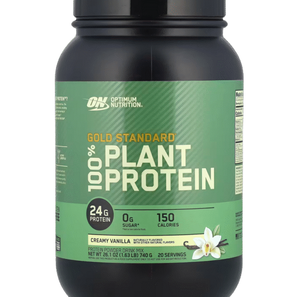 Envase de Optimum Nutrition Gold Standard 100% Plant Protein, proteína vegetal con 24 g de proteína por porción, sin azúcar, sabor creamy vanilla.