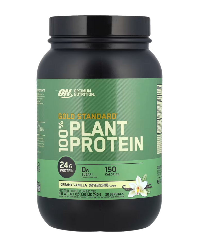 Envase de Optimum Nutrition Gold Standard 100% Plant Protein, proteína vegetal con 24 g de proteína por porción, sin azúcar, sabor creamy vanilla.