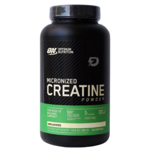 Envase de Optimum Nutrition Micronized Creatine, suplemento de creatina monohidratada en polvo, sin sabor, con 5 g por porción.