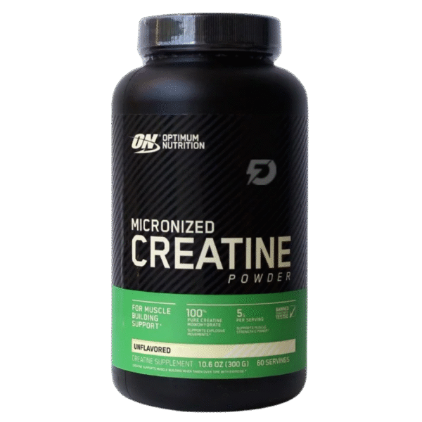 Envase de Optimum Nutrition Micronized Creatine, suplemento de creatina monohidratada en polvo, sin sabor, con 5 g por porción.