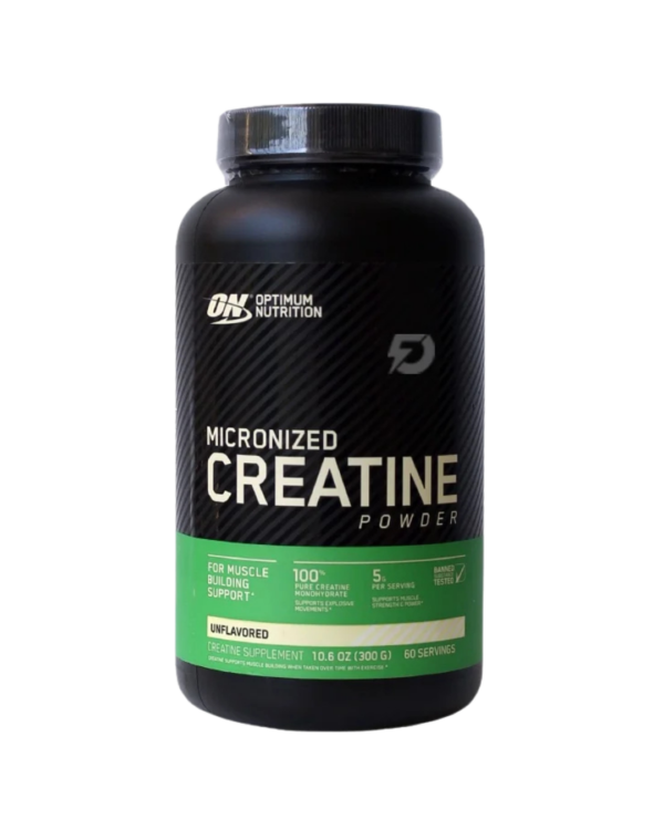Envase de Optimum Nutrition Micronized Creatine, suplemento de creatina monohidratada en polvo, sin sabor, con 5 g por porción.