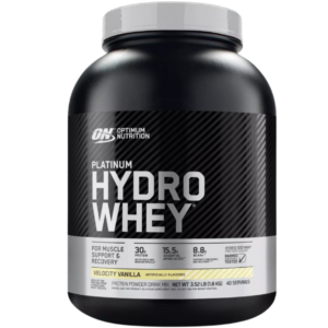 Envase de Optimum Nutrition Platinum Hydro Whey, suplemento de proteína hidrolizada con 30 g de proteína, 15.5 g de aminoácidos esenciales y 8.8 g de BCAA por porción, sabor velocity vanilla.
