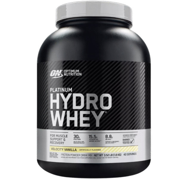 Envase de Optimum Nutrition Platinum Hydro Whey, suplemento de proteína hidrolizada con 30 g de proteína, 15.5 g de aminoácidos esenciales y 8.8 g de BCAA por porción, sabor velocity vanilla.