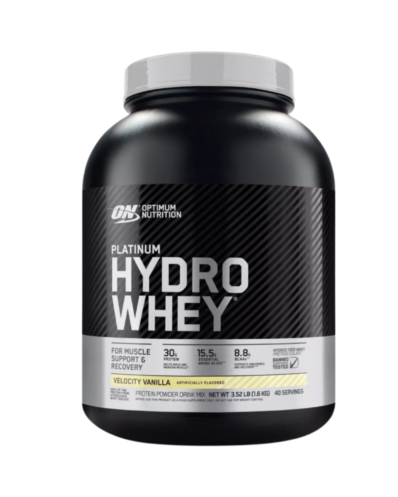 Envase de Optimum Nutrition Platinum Hydro Whey, suplemento de proteína hidrolizada con 30 g de proteína, 15.5 g de aminoácidos esenciales y 8.8 g de BCAA por porción, sabor velocity vanilla.