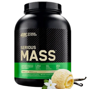 Envase de Optimum Nutrition Serious Mass, suplemento hipercalórico con 1,250 calorías, 50 g de proteína y 253 g de carbohidratos por porción, sabor vainilla.