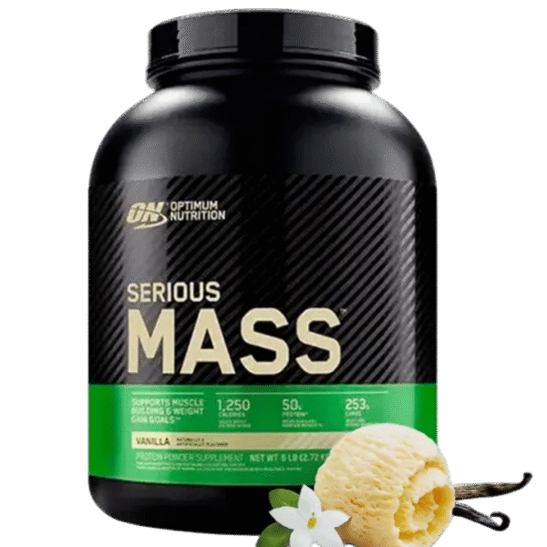Envase de Optimum Nutrition Serious Mass, suplemento hipercalórico con 1,250 calorías, 50 g de proteína y 253 g de carbohidratos por porción, sabor vainilla.