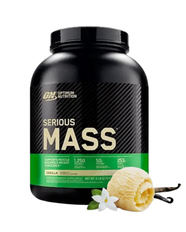 Envase de Optimum Nutrition Serious Mass, suplemento hipercalórico con 1,250 calorías, 50 g de proteína y 253 g de carbohidratos por porción, sabor vainilla.
