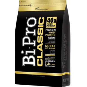 Bolsa de BiPro Classic de Nutramerican Pharma, aislado de proteína de suero con 40 g de proteína por porción, sin grasa ni azúcar, sabor vainilla.