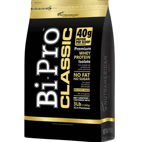 Bolsa de BiPro Classic de Nutramerican Pharma, aislado de proteína de suero con 40 g de proteína por porción, sin grasa ni azúcar, sabor vainilla.
